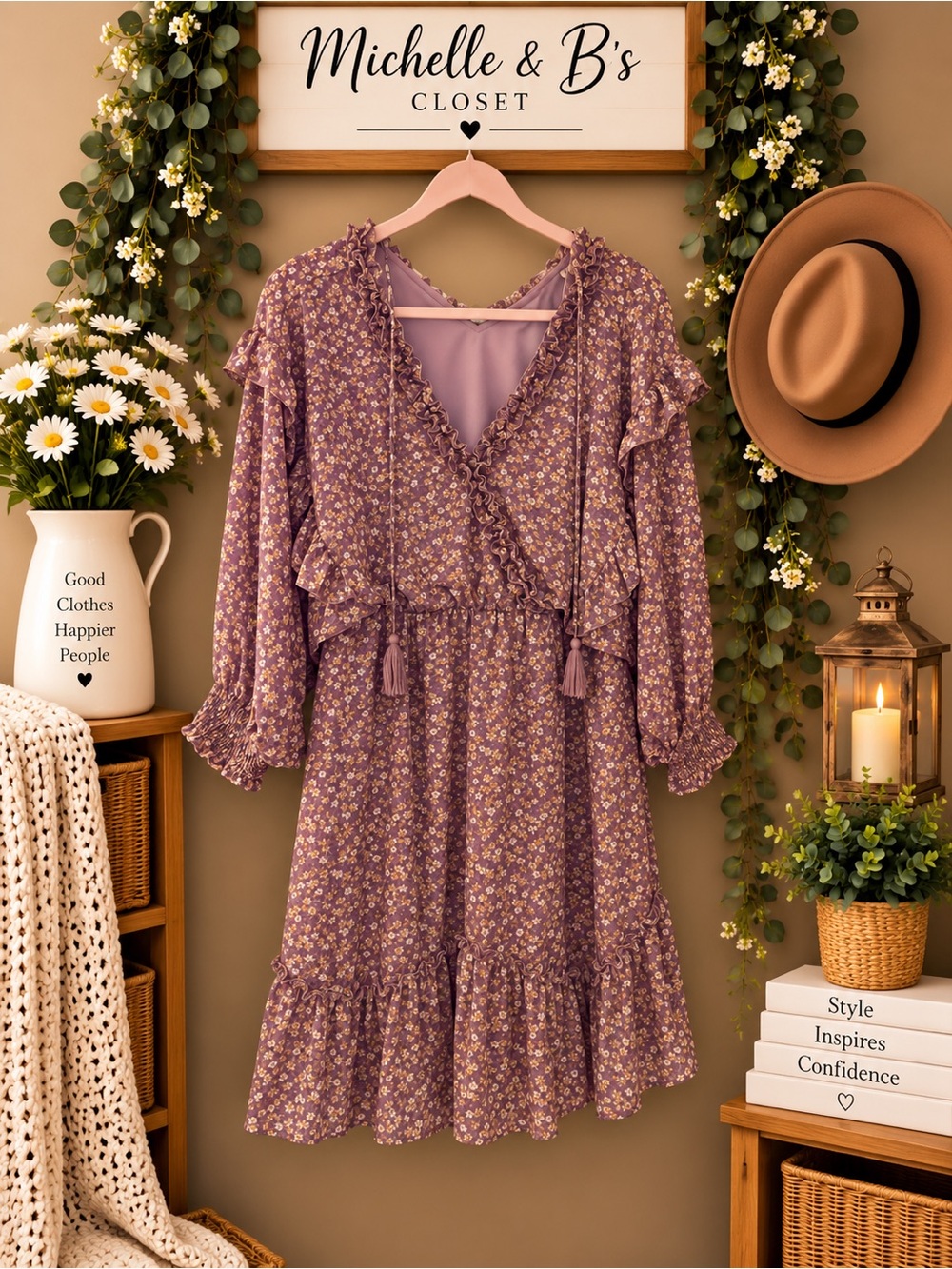 Floral Ruffle V-Neck Dress in Brown